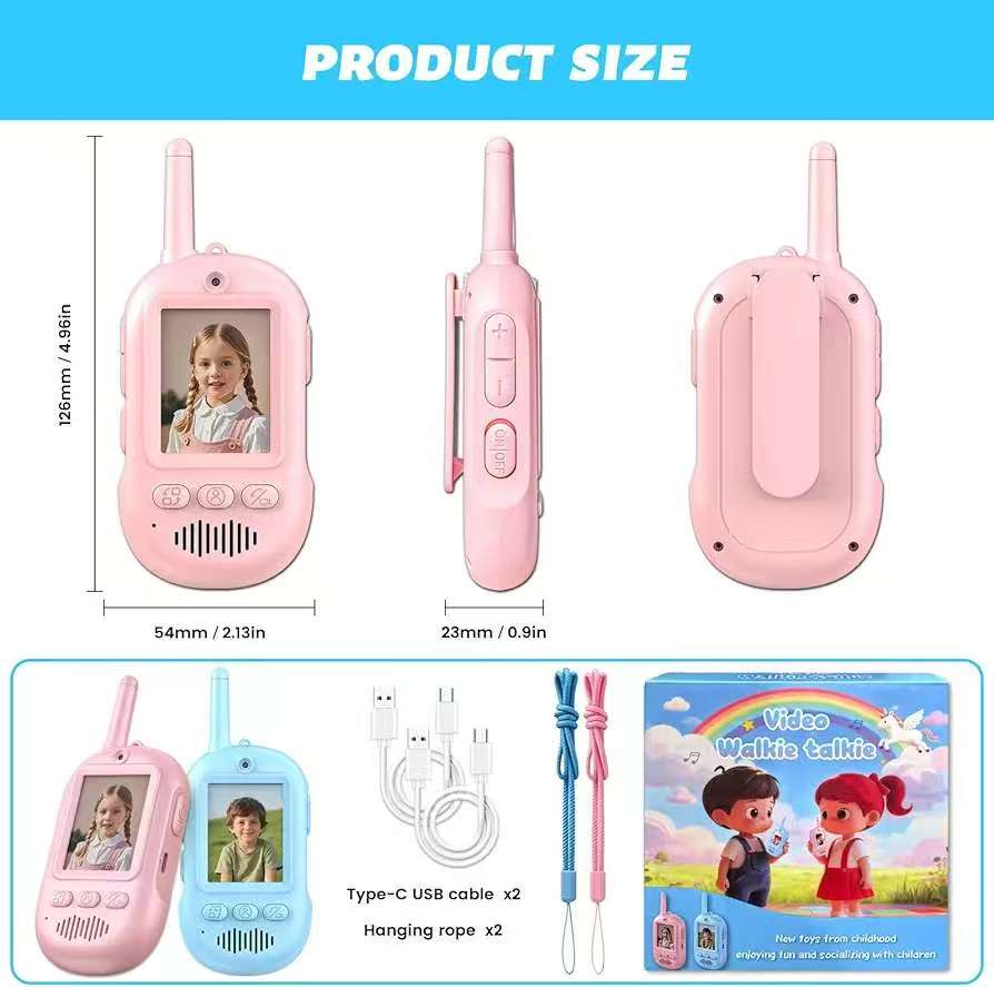 Rxtwd Video Walkie Talkies for Kids 2-Pack — Blue and Pink rechargeable walkie talkies with LCD screen and voice changer, perfect for children ages 3-12 during outdoor camping and backyard play